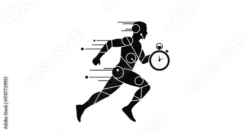 Dynamic silhouette of a person running with a stopwatch, symbolizing speed and performance.