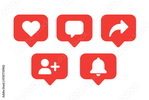 Set of bright red social media engagement icons for like comment share and follow actions