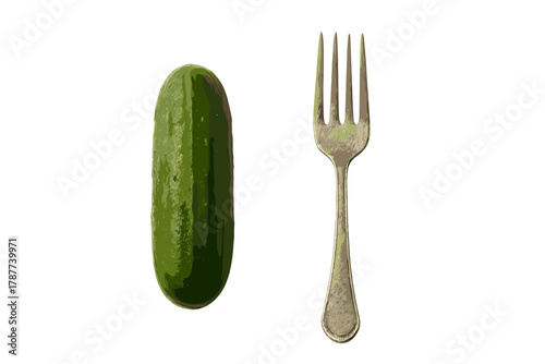 Fresh green cucumber beside silver dining fork on clean white background