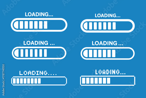 White Loading Progress Bars on Blue Background. Set loading bar icons. Loading status on white background