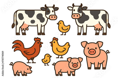 Cute cartoon farm animals including cows chickens and pigs in a set