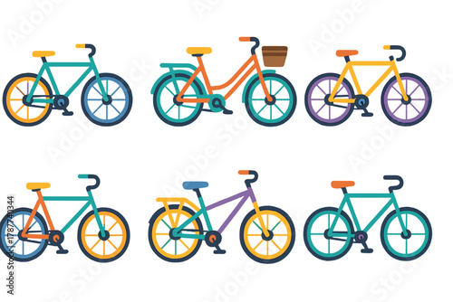 Colorful flat design bicycles and cycle icons set