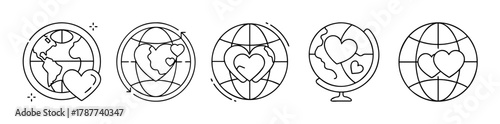 Global love and earth care line art icons collection, planet heart