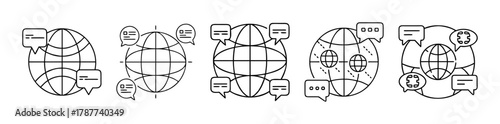 Global communication and network chat bubble line icon set vector
