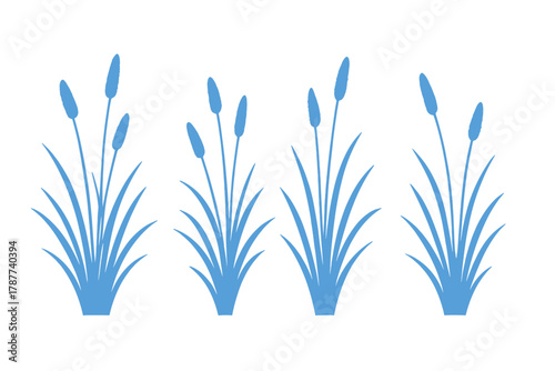 Row of blue cattail plant silhouettes against white background
