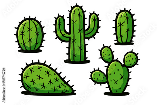 Various green cartoon cacti with thick black outlines and stylized spines