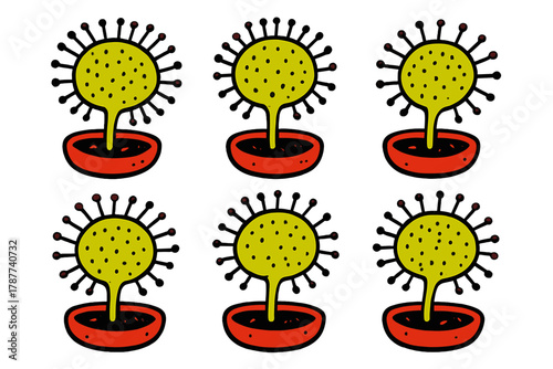 Stylized repeating pattern of carnivorous sundew plants in small pots