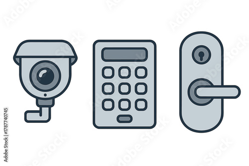 Security system icons including surveillance camera keypad and door handle