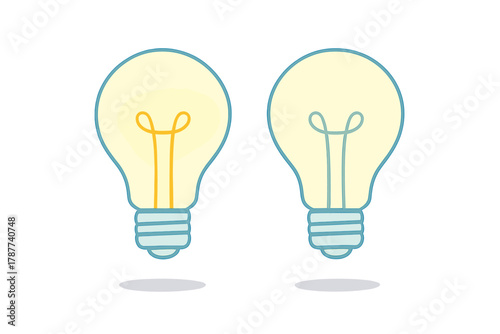 Comparison of glowing and unlit incandescent light bulbs symbolizing states