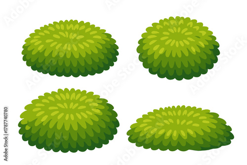 Four stylized green round bushes shown from different perspectives