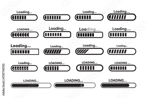 Black and White Loading Bar Icon Set. loading bar progress icon. Loading status on white background