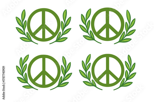 Repeating pattern of green peace symbols encircled by olive branches