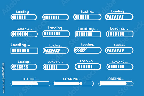 Blue Loading Bar Icon Set. Download progress. Collection Loading status. Vector illustration eps 10