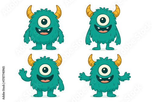 Four cute teal cyclops monsters with yellow horns in various poses