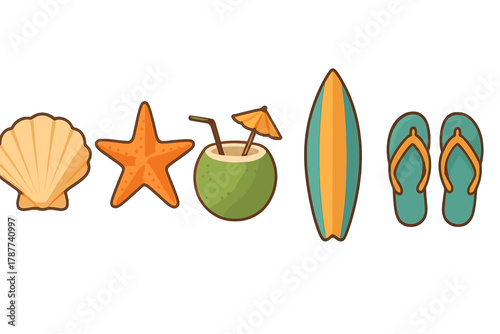 Set of tropical beach vacation icons including seashell, starfish, coconut drink, surfboard, and flip flops