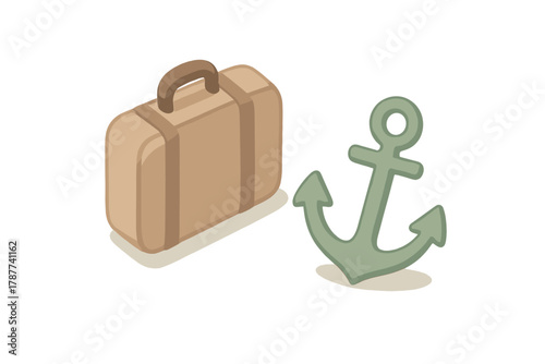Isometric travel suitcase and nautical anchor symbols set