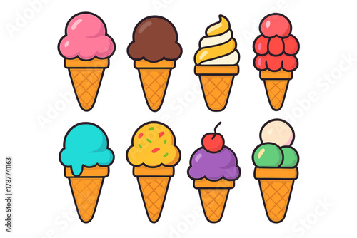 Eight colorful ice cream cones with assorted flavors and toppings