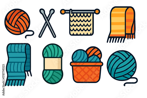 Knitting and yarn craft icons set featuring needles and finished scarves