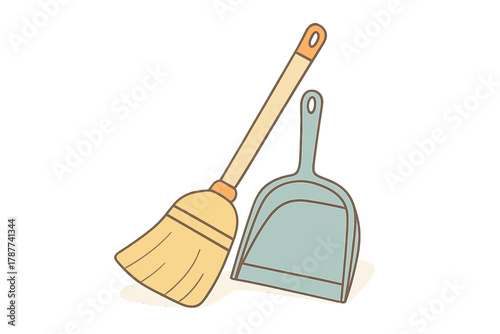 Broom and dustpan cleaning tools set isolated on white background