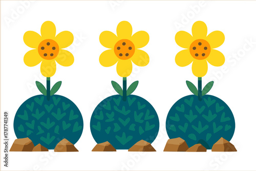 Stylized yellow sunflowers growing from blue planters with rocks