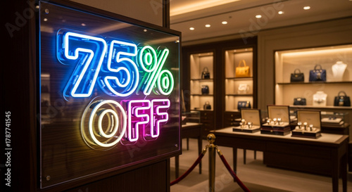 Vibrant 75% off neon sign illuminates luxury retail store showcasing watches and designer handbags, driving impulse buys and sales.