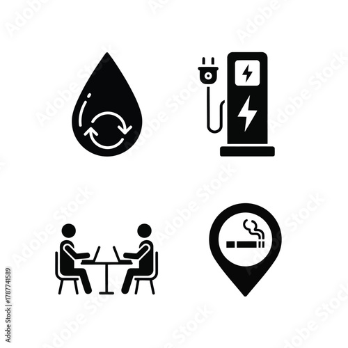 Vector art of set of public service signs includes water recycling, electric vehicle charging, meeting area, and designated smoking zone