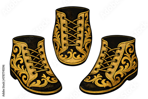 Ornate black and gold ankle boots with baroque scrollwork and lacing