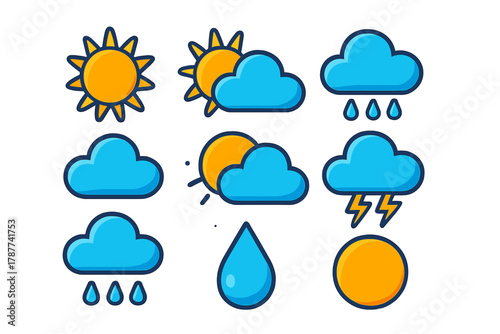 Colorful weather condition icons featuring sun, clouds, rain, and lightning