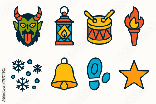 Alpine Krampus Icons. Alpine Krampus Parade modern flat icon set: horned mask, lantern, drum, torch, snow, bell, boot print, star.