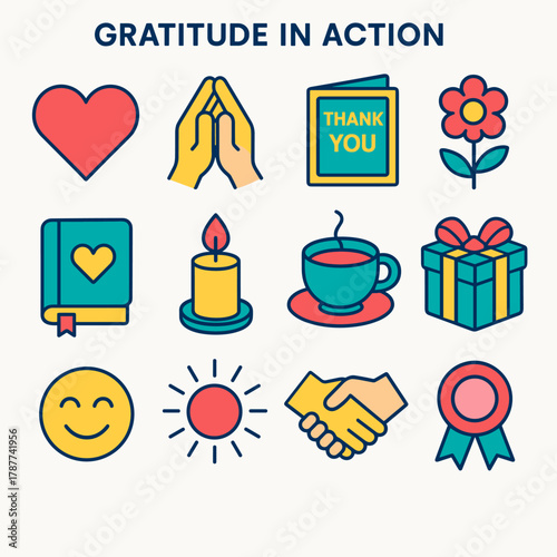 Gratitude Icons Collection. Gratitude in Action modern flat icon set: open heart, hands together, thank-you card, flower, journal, candle, cup of tea, gift box, smiling face, sun