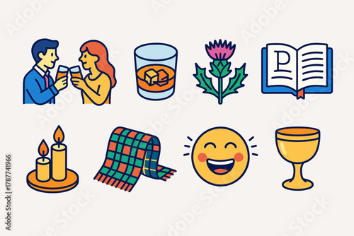Burns Night Icons. Burns Night Toast to the Lassies modern flat icon set: couple toasting, whisky tumbler, thistle flower, open book of poems, glowing candles, tartan scarf, joyful