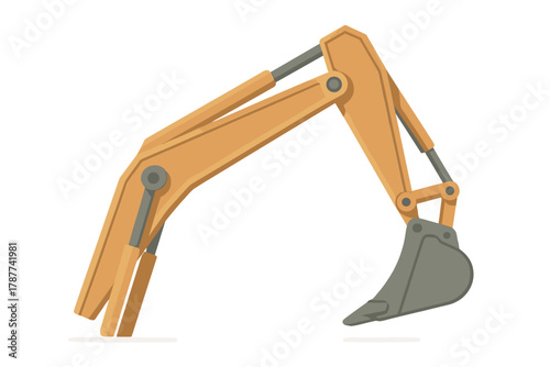 Excavator arm and bucket mechanism close up isolated on white background