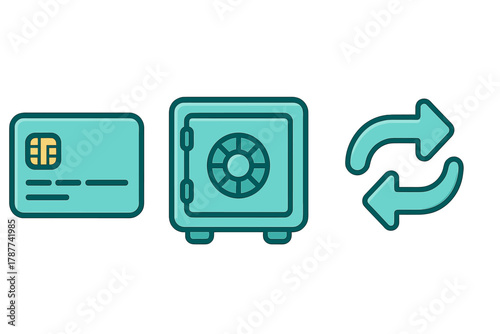 Financial security icons: credit card, safe deposit box, and exchange arrows