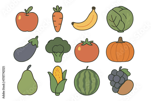 Twelve stylized icons of fresh fruits and vegetables for healthy eating themes