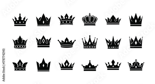 Vector art of collection of elegant crown silhouettes, perfect for logos, emblems, or decorative design elements with a regal and luxurious feel
