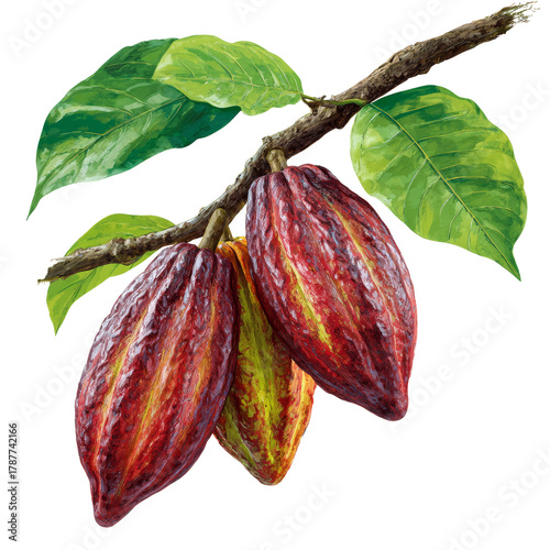 Cacao pods growing on branch with leaves