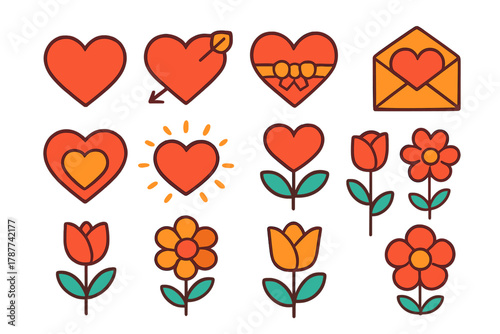 Set of romantic love icons including hearts, flowers, and greeting envelope