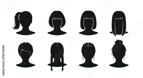 Vector art of collection of diverse female hairstyle silhouettes, showcasing various cuts and styles for beauty, fashion, and design projects