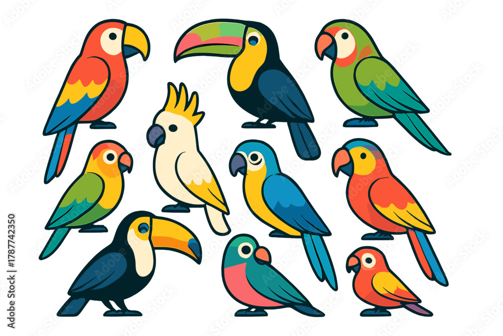 Naklejka premium Colorful tropical birds and toucan icons collection