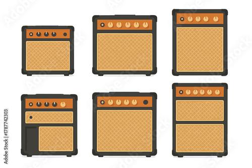 Various guitar amplifier speaker cabinets with detailed control panels