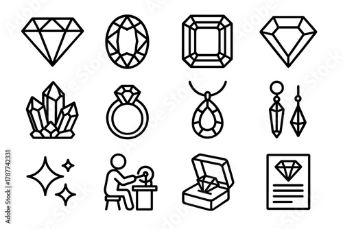 Gemstone Icon Collection. Gemstone Radiance outline icon set: faceted diamond, sapphire, emerald, ruby, amethyst cluster, gemstone ring, pendant necklace, crystal earring, gem
