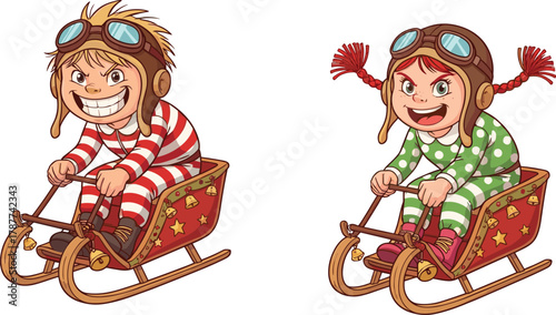 Funny boy and girl racing on decorated Christmas sleds wearing striped pajamas and aviator helmets, cheerful festive winter cartoon illustration