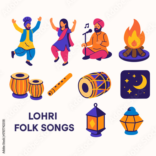 Lohri Celebration Icons. Lohri Folk Songs modern flat icon set: bhangra dancers, folk singer, fire pit, tabla, flute, decorated dhol, lantern, starry night.