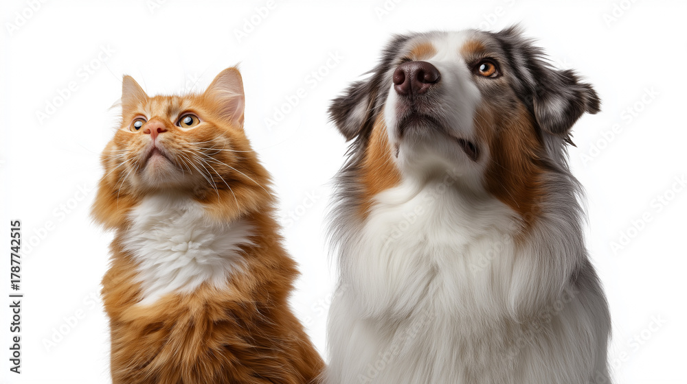 Obraz premium Close up portrait of a ginger cat and a dog looking up together on white background.