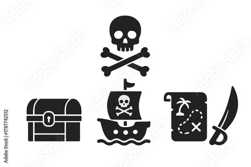 Pirate icons set featuring skull crossbones treasure map ship and cutlass