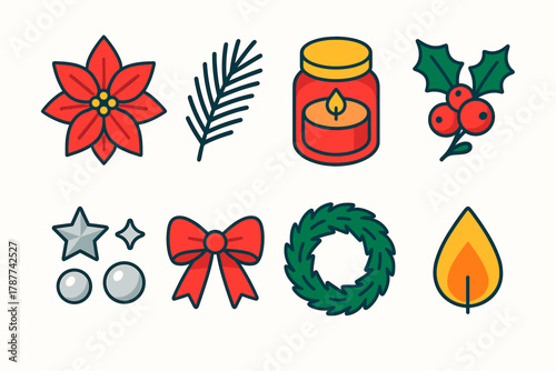 Festive Floral Icons. Holiday Floral Arrangement modern flat icon set: poinsettia, pine needles, candle jar, holly berries, silver accents, bow, evergreen wreath, candle flame.
