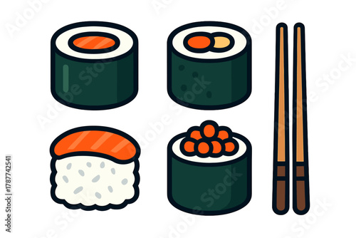 Various sushi rolls nigiri and eating utensils icon collection