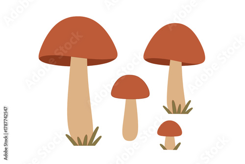 Four stylized orange cap mushrooms with beige stems growing in grass