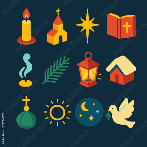 Festive Icon Collection. Sacred New Year Illumination modern flat icon set: tall candle, chapel silhouette, shining star, holy book, incense smoke, pine twig, glowing lantern, snow