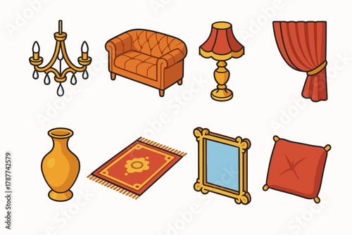 Luxury Decor Icons. Luxury Decor modern flat icon set: crystal chandelier, tufted sofa, ornate lamp, silk curtain, golden vase, rug, picture frame, cushion.